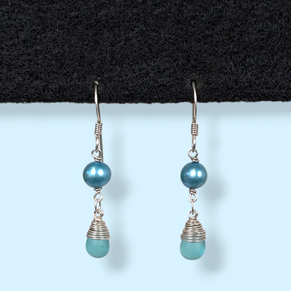 Blue Freshwater Pearl & Frosted Glass Dangling Earrings